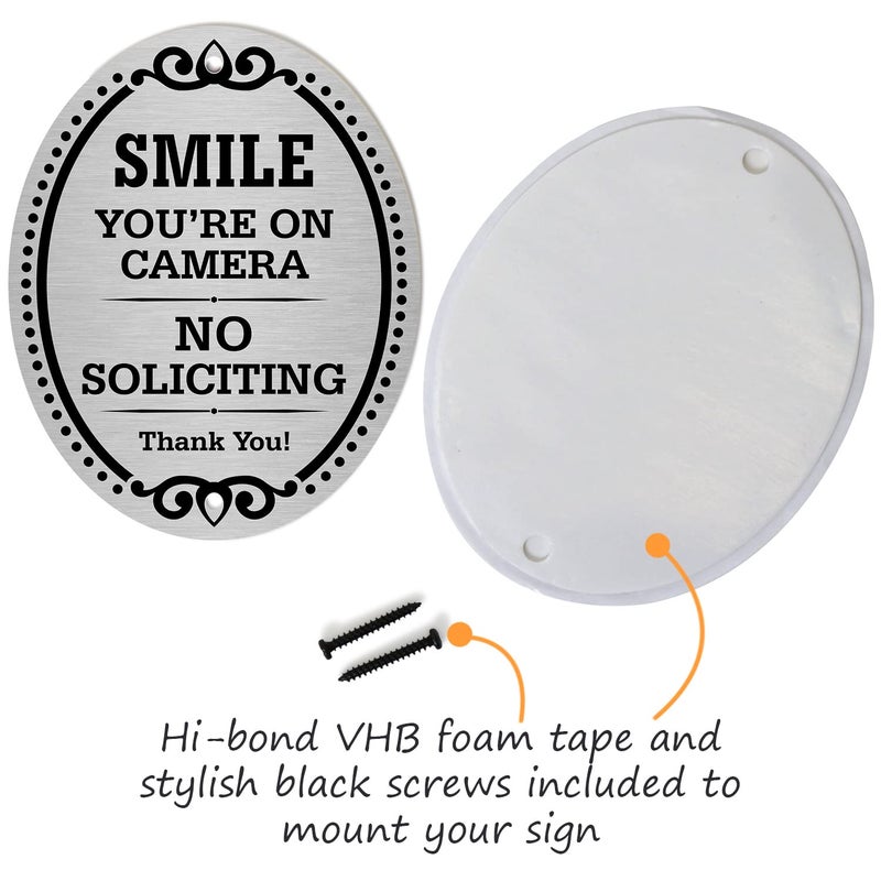 SmartSign Premium No Soliciting Smile You're On Camera Thank You Sign, 4" x 5" Aluminum Metal with Adhesive Backing/Sticker, Peel-Off or Use Pre-Punched Holes, Silver/Black, Made in USA - Image 2